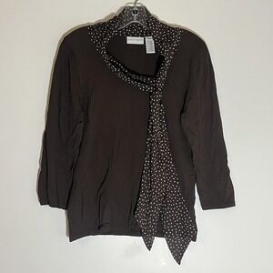 Jaclyn Smith Shirt Womens Medium Brown Polka Dot Tie Neck Scarf 3/4 Sleeve Knit